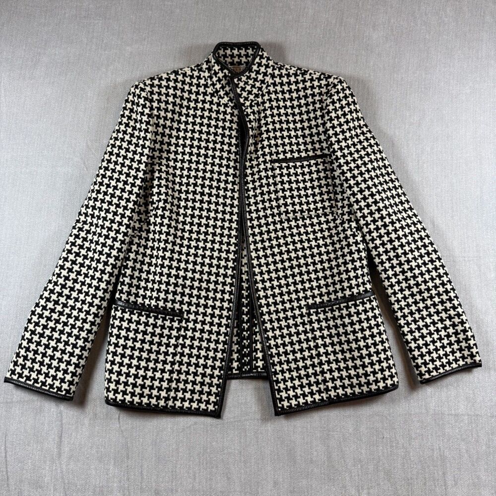 Vtg Talbots Collection Italian Wool Houndstooth Jacket Leather Trim size 4